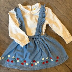 Baby Boden 2 Piece Blouse and Denim Overall Dress with Strawberry Embroidery